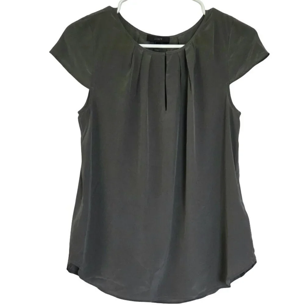 J Crew Blouse Womens 4 Gray 100% Silk Blouse Cap Sleeve Business Casual Classic